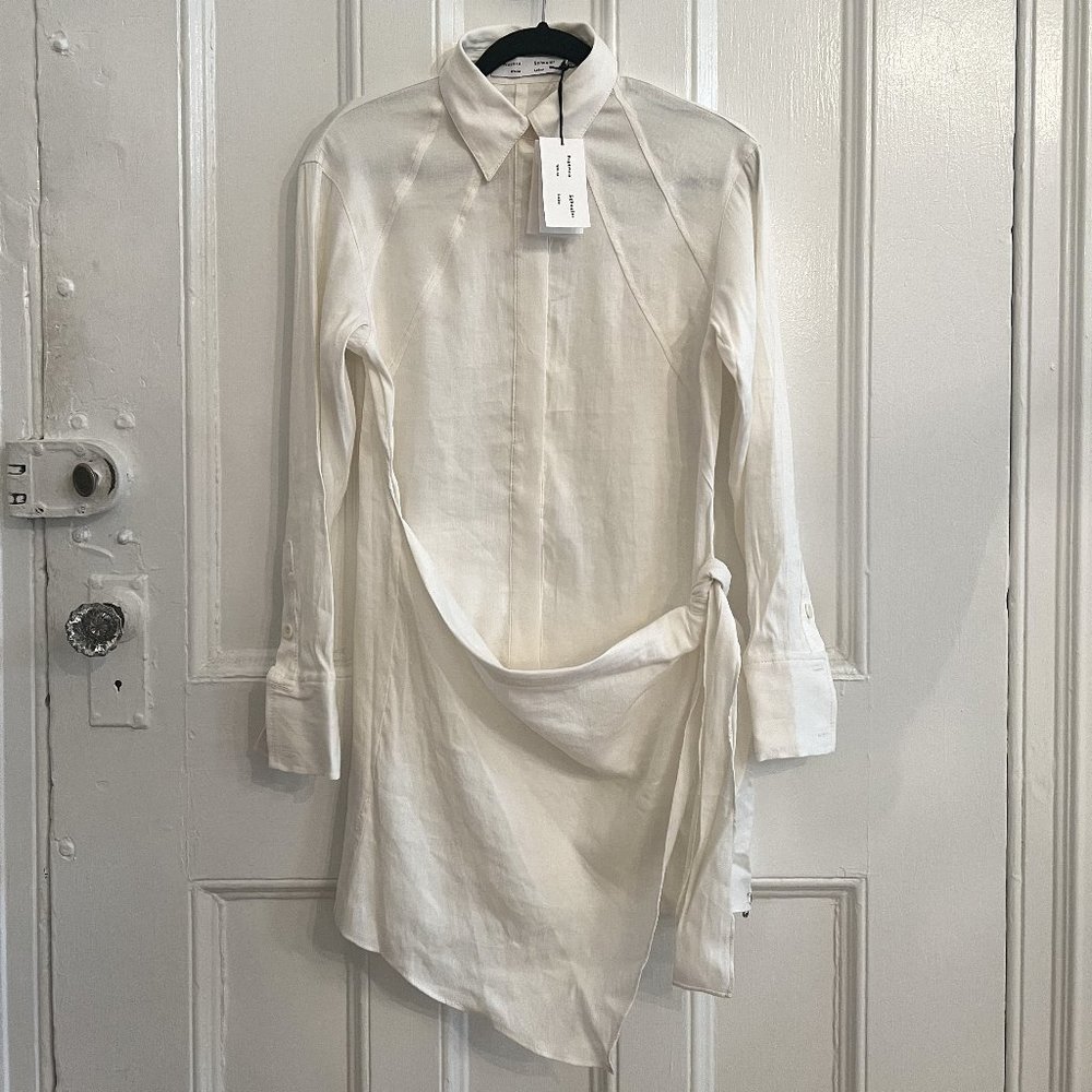 LINEN BLEND LONG SLEEVE WRAP DRESS IN WHITE *NEW* WITH TAGS